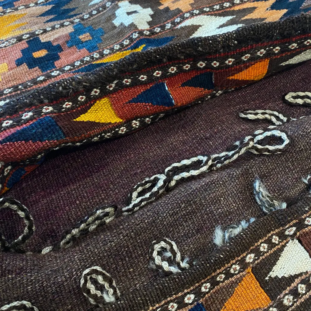Bag – wool, - flatweave - 2 part - braided edges - polychrome bands - braided edges. 117 x 57cm Image 1++